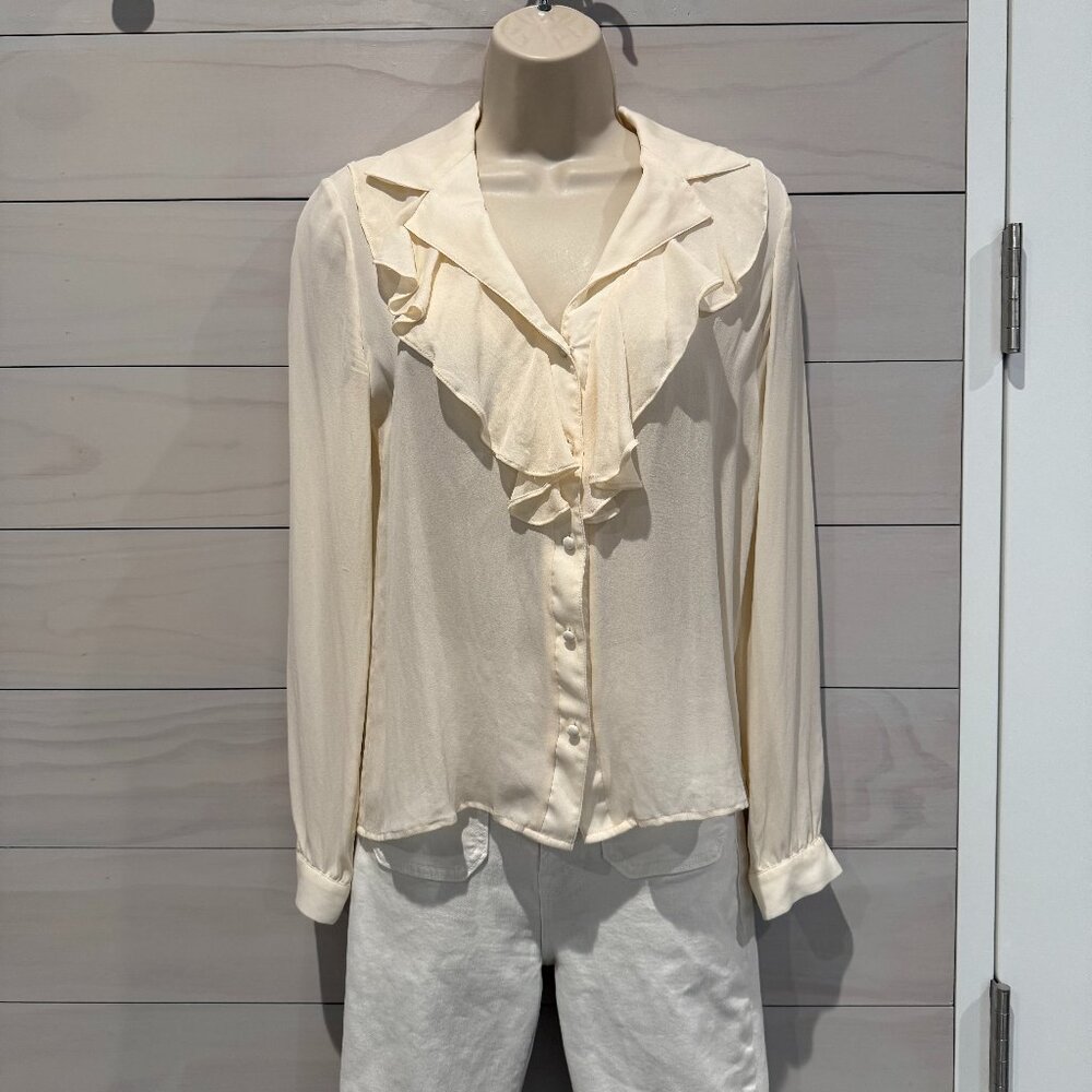 PAIGE Jennie Ruffle Neck Silk Blouse in Ivory – XS (Sheer / Lightweight)